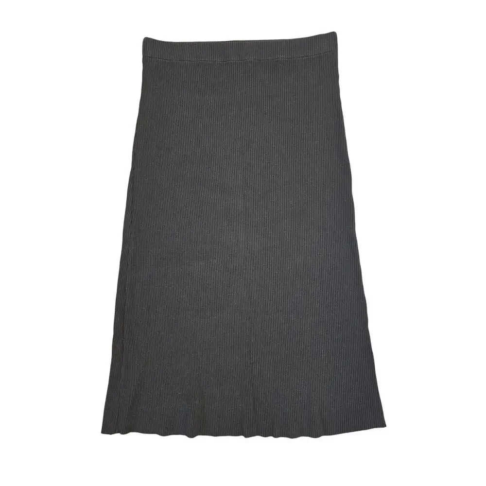Vince Black Ribbed Knit Midi Skirt Pull-On Stretch Minimalist Size L